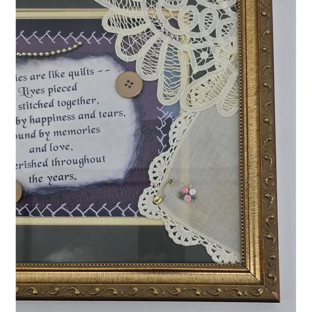 Vtg Handmade Framed Collage 'Families are Like Quilts' Poem Lace Button Crochet